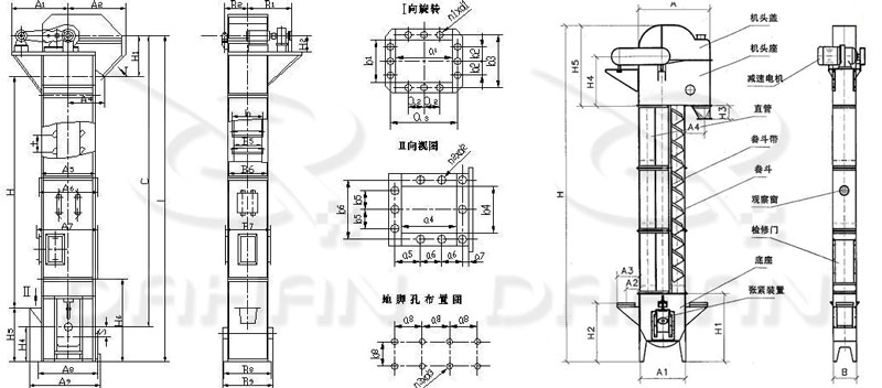 TD/D型斗式提升機(jī)基本結(jié)構(gòu):機(jī)頭蓋，機(jī)頭座，減速電機(jī)，直管，底座，緊張裝置等。