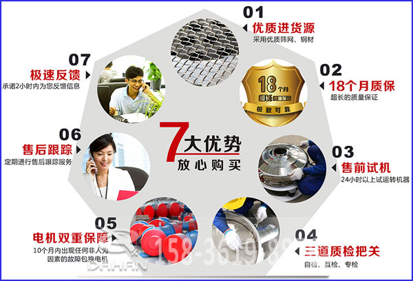 大漢食品振動篩的7大優(yōu)勢：優(yōu)質(zhì)進(jìn)貨源，售后跟蹤，售前試機(jī)等。