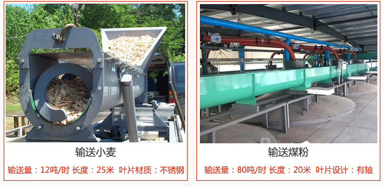 絞龍螺旋輸送機(jī)輸送小麥輸送量在12噸/時(shí)，長(zhǎng)度為25米，葉片采用不銹鋼材質(zhì)；輸送水泥輸送量在80噸/時(shí)，長(zhǎng)度為20米，葉片設(shè)計(jì)為有軸。