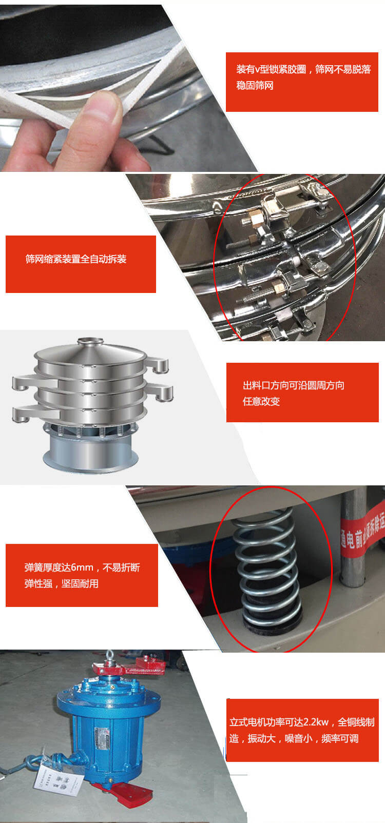 裝有V型鎖緊膠圈，使篩網(wǎng)不易脫落穩(wěn)固篩網(wǎng)，篩網(wǎng)鎖緊裝置，全自動拆裝，出料口方向可沿圓周方向任意改變。彈簧厚度達6mm，不易折斷，彈性強，堅固耐用。專業(yè)的振動電機，全銅線制造，振動大，機械噪音小，頻率可調(diào)。產(chǎn)品對比:材質(zhì)：大漢振動篩廠家采用304不銹鋼材質(zhì)耐腐蝕性，耐熱性強。個別廠家采用其它金屬材質(zhì)，耐腐蝕性，耐熱性差蒸發(fā)緩慢，烘干效率較低。大漢振動篩廠家采用金屬編織網(wǎng)，篩分精度高，效率高，篩網(wǎng)利用率高。