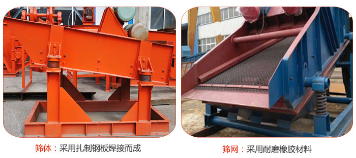 礦用振動篩特點：篩體采用扎制鋼板焊接而成，篩網(wǎng)采用耐磨橡膠材質(zhì)