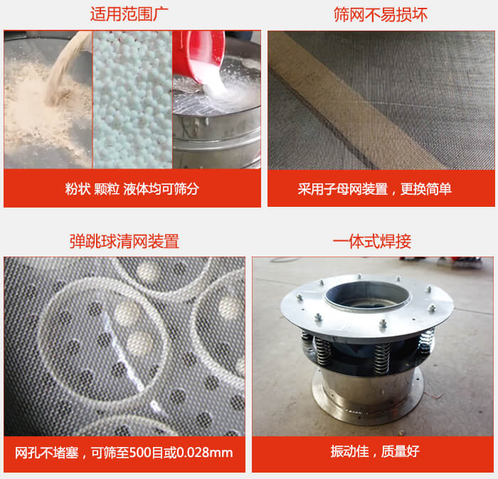 食品振動篩特點：1，效率高？：效率高，設(shè)計精巧耐用，任何粉類，粘液軍可篩分。2，操作簡單采用優(yōu)質(zhì)材料，換網(wǎng)容易，操作簡單，清洗方便。3，網(wǎng)孔不堵塞粉末不飛揚，可篩至500目或0.028mm4，精細做工產(chǎn)品經(jīng)過嚴格加工程序，做工精細美觀耐用。5，獨特網(wǎng)架設(shè)計篩網(wǎng)使用時間長久，換網(wǎng)只需3-5分鐘。