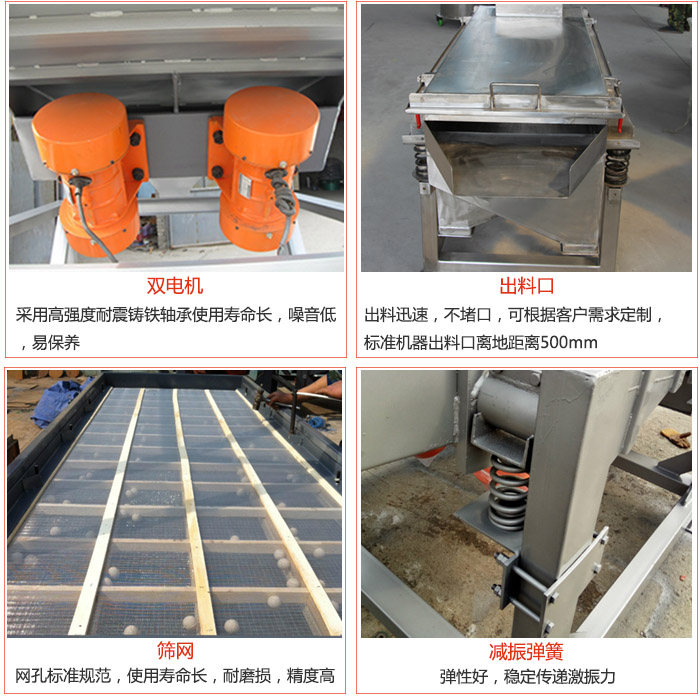 線振動(dòng)篩配件優(yōu)勢(shì)：雙電機(jī)采用高強(qiáng)度耐震鑄鐵軸承使用壽命長(zhǎng)，噪音低，易保養(yǎng)，出料口：出料迅速，不堵口，可根據(jù)客戶需求定制標(biāo)準(zhǔn)機(jī)器出料口離地距離500mm。篩網(wǎng)：網(wǎng)孔標(biāo)準(zhǔn)規(guī)范，使用壽命長(zhǎng)，耐磨損，精度高。減震彈簧彈性好，穩(wěn)定傳遞激振力。