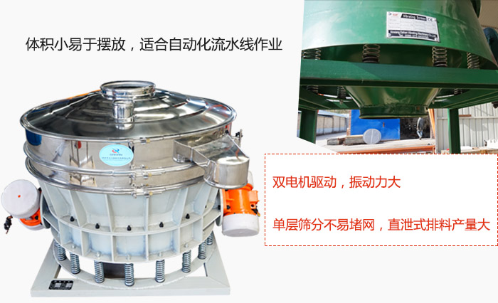 雙電機(jī)驅(qū)動(dòng)，振動(dòng)力大，單層篩分不易堵網(wǎng)，直泄式排料產(chǎn)量大
