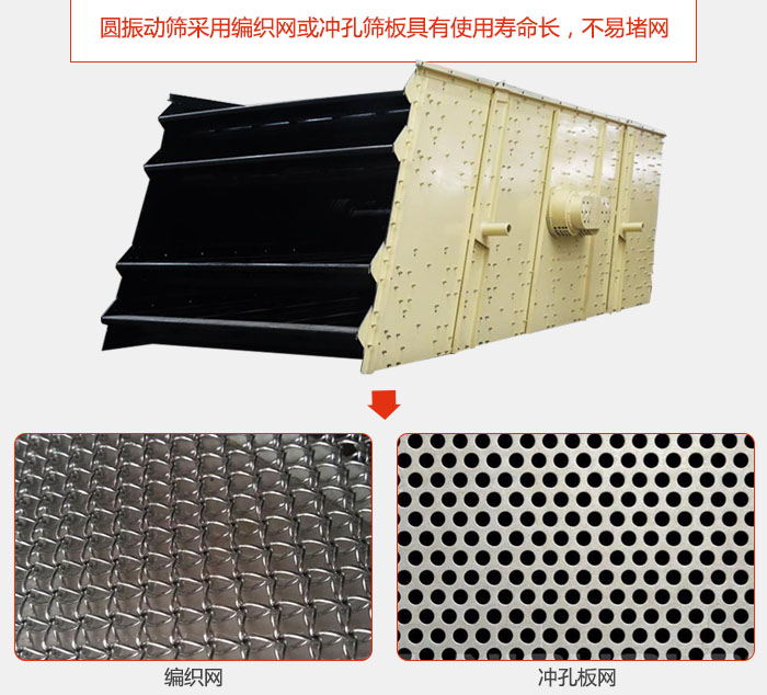 圓振動(dòng)篩采用編織網(wǎng)或沖孔篩板具有使用壽命長(zhǎng)，不易堵網(wǎng)。