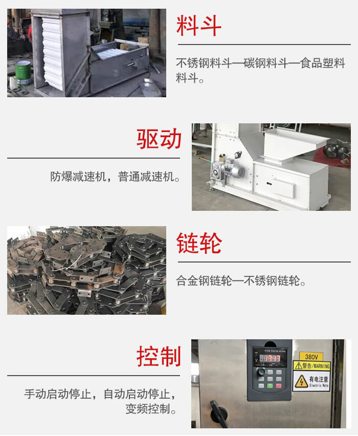z型斗式提升機(jī)料斗：不銹鋼料斗-碳鋼料斗-食品塑料料斗。驅(qū)動(dòng)裝置采用的式防爆減速機(jī)，普通減速機(jī)兩種。鏈輪采用合金鏈輪-不銹鋼鏈輪控制器：手動(dòng)啟動(dòng)/停止，以及自動(dòng)啟動(dòng)停止。