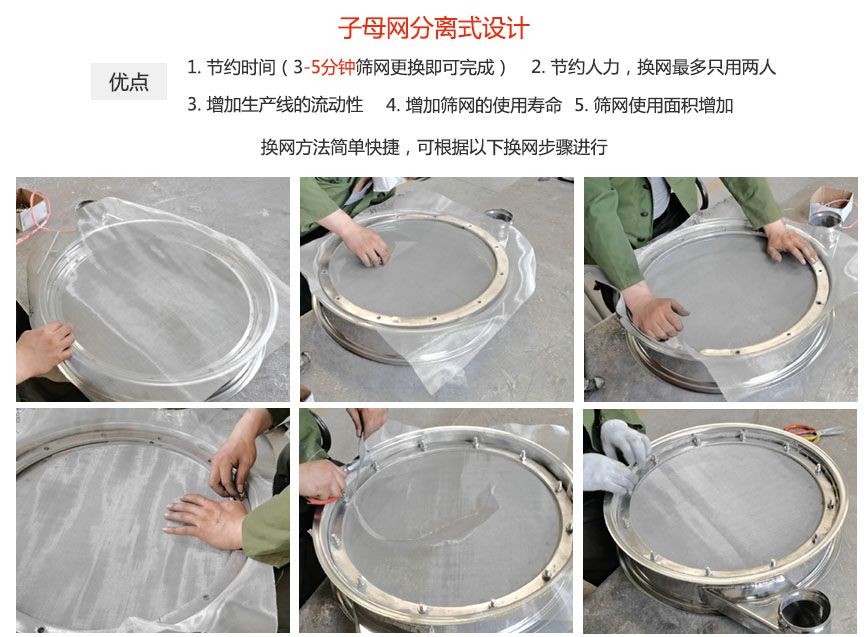 大漢振動機械換網(wǎng)優(yōu)勢：1，節(jié)省時間（3-5分鐘篩網(wǎng)更換即可完成）2，節(jié)省人力，換網(wǎng)只有兩人。3.增加生產(chǎn)線的流暢性。4.增加篩網(wǎng)壽命，彈跳球不直接撞擊子網(wǎng)。5.篩網(wǎng)使用面積增加。