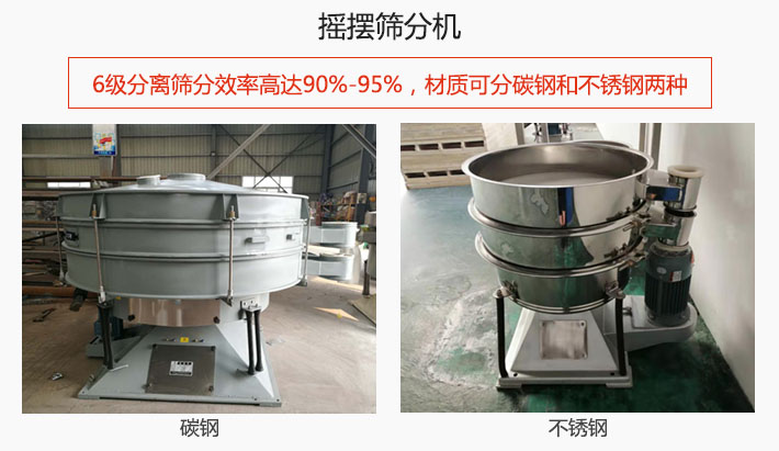 搖擺篩分機(jī)6級(jí)分離篩分效率高達(dá)90%-95%，材質(zhì)可分碳鋼和不銹鋼兩種。
