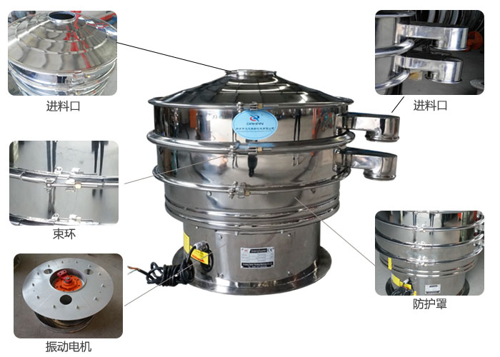 全不銹鋼振動篩細節(jié)：束環(huán)，進料口，出料口，振動電機，防護罩等。
