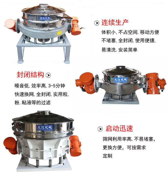 直徑1000mm直排篩特點(diǎn)：連續(xù)生產(chǎn)：體積小，不占空間，移動(dòng)方便，不堵塞，全封閉，使用便捷，易清洗，安裝簡(jiǎn)單。封閉結(jié)構(gòu)：噪音低，效率高，3-5分鐘，快速換網(wǎng)，全封閉，實(shí)用粒，粉粘液等的過(guò)濾。啟動(dòng)迅速：篩網(wǎng)利用率高，不易堵塞，更換方便，可按需求定制。