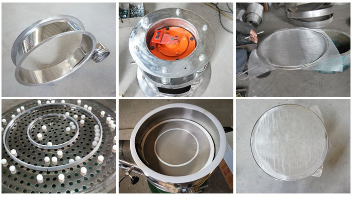 不銹鋼小型振動篩細(xì)節(jié)：振動篩篩框，振動電機(jī)座，篩網(wǎng)，彈跳球，密封圈，篩網(wǎng)網(wǎng)架。