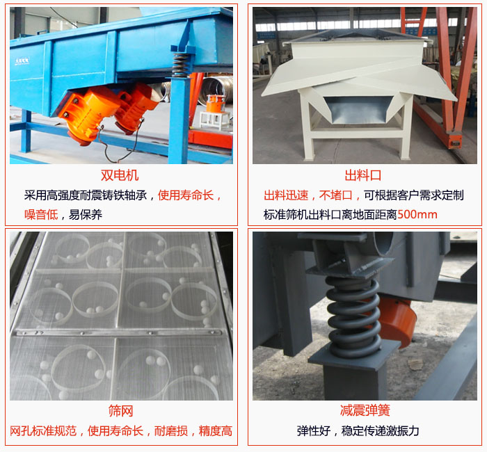 1030直線振動篩雙電機(jī)采用高強(qiáng)度耐震鑄鐵軸承使用壽命長、噪音低，易保養(yǎng)；出料口排料迅速，不堵口，可根據(jù)客戶需求定制，標(biāo)準(zhǔn)機(jī)器出料口離地面距離500mm;篩網(wǎng)網(wǎng)孔標(biāo)準(zhǔn)規(guī)范、使用壽命長，耐磨損、精度高；減震彈簧：彈性好，穩(wěn)定傳遞激振力。