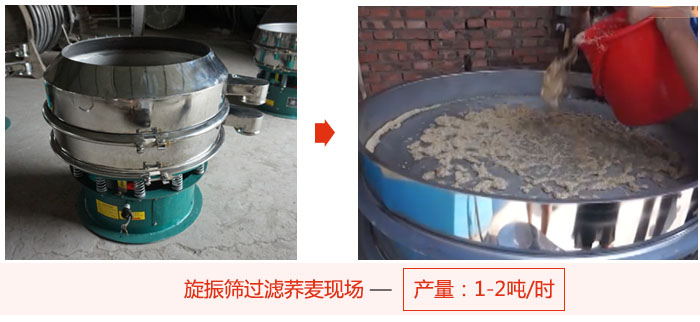 旋振篩過濾蕎麥現(xiàn)場，產(chǎn)量可達2噸每小時。
