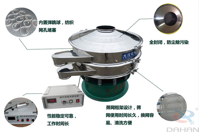 超聲波振動篩特點(diǎn)：內(nèi)置彈跳球網(wǎng)孔堵塞，全封閉，防塵除污染，性能穩(wěn)定可靠工作時間長，篩網(wǎng)架設(shè)計，篩網(wǎng)使用時間長久，換網(wǎng)容易，清洗方便。