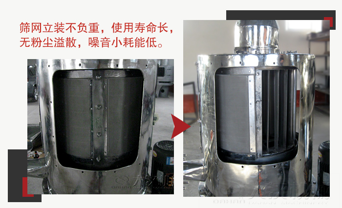 氣流篩采用立式篩網(wǎng)，不受物料的沖擊力的影響，篩網(wǎng)使用壽命長