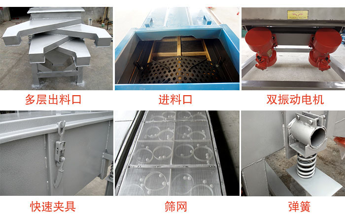 多層直線振動篩出料口，篩網(wǎng)，彈簧，快速夾具，振動電機(jī)等