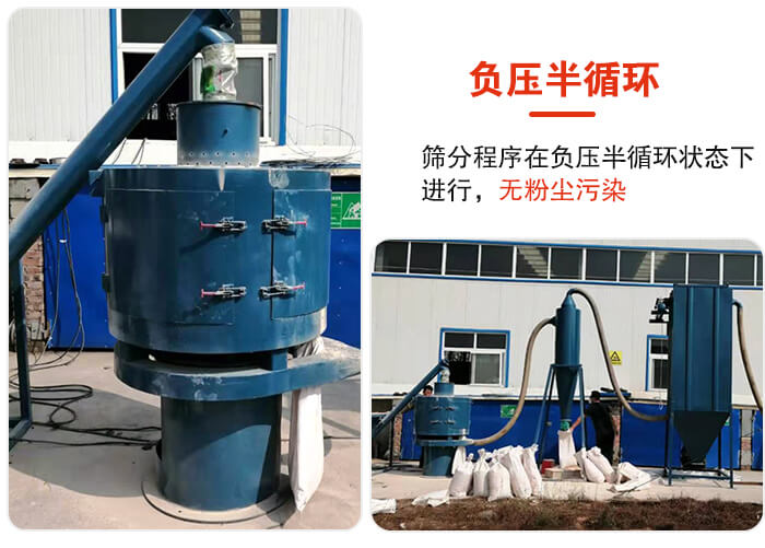 氣流篩負壓半循環(huán)，篩分程序在負壓版循環(huán)狀態(tài)下進行，無粉塵污染。