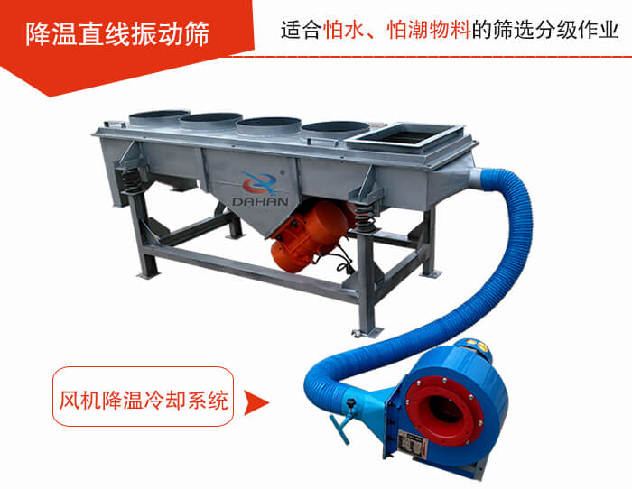 降溫直線振動篩加裝風(fēng)機或水箱降溫方式完成物料的降溫需求。