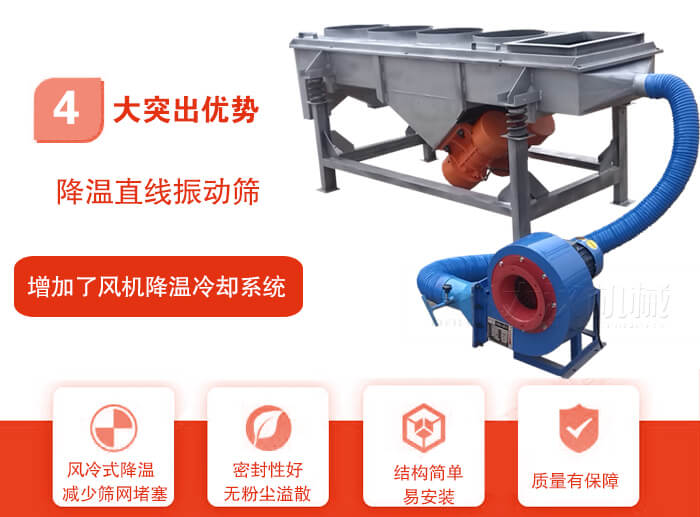 降溫直線振動篩性能特點：1，技術(shù)成熟，質(zhì)量可靠，篩分精度高，處理量大。2，風(fēng)冷式降溫系統(tǒng)設(shè)計，快速有效降溫。3，適用范圍廣，可應(yīng)用于各種需要降溫的物料。4，設(shè)計精巧合理，結(jié)構(gòu)簡單，易安裝，耗能少，噪音低5，篩網(wǎng)使用壽命長，換網(wǎng)更方便，快捷6，設(shè)備整體密封性好，無粉塵溢散。