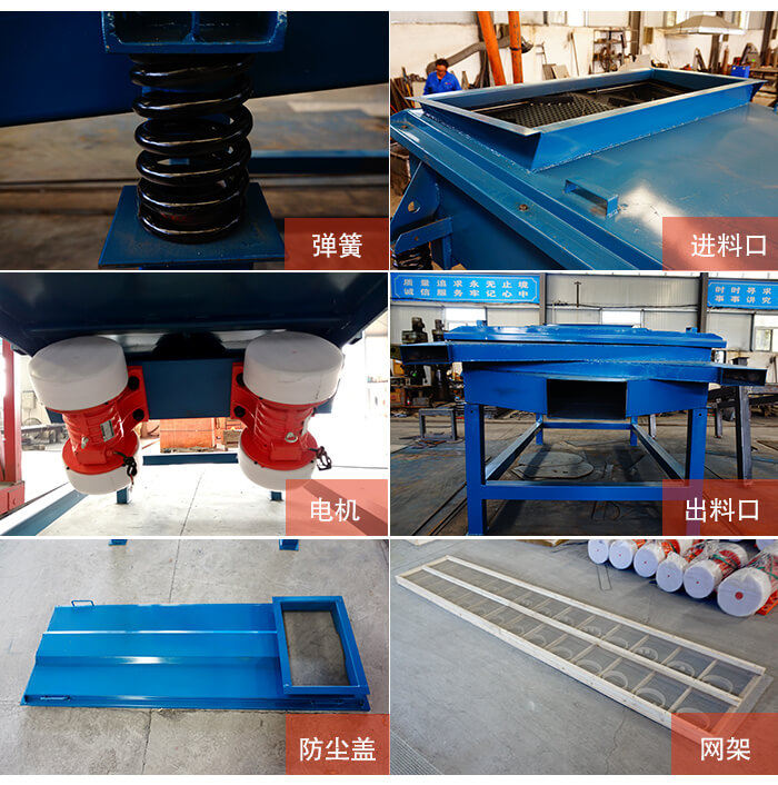 1035直線振動篩細(xì)節(jié)展示：出料口，振動彈簧，振動電機(jī)，進(jìn)料口。