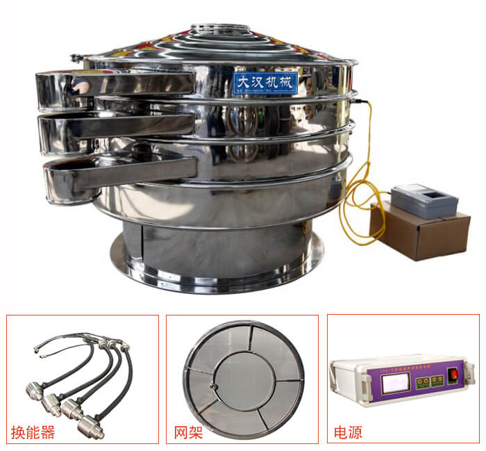  全不銹鋼超聲波振動篩內(nèi)部組成：換能器，網(wǎng)架，電源。