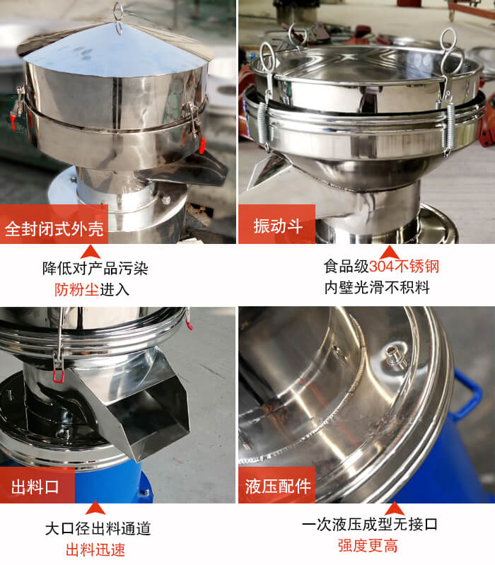 450過(guò)濾篩機(jī)結(jié)構(gòu)組成：全封閉式外殼設(shè)計(jì)：對(duì)產(chǎn)品的污染低，防塵粉進(jìn)入電機(jī)內(nèi)部延長(zhǎng)設(shè)備壽命。振動(dòng)斗：食品304不銹鋼篩斗，內(nèi)壁光滑不存在積料現(xiàn)象。出料口，大口徑出料通道，出料迅速，提高工作效率。液壓配件：一次液壓成型無(wú)接口強(qiáng)度更高。