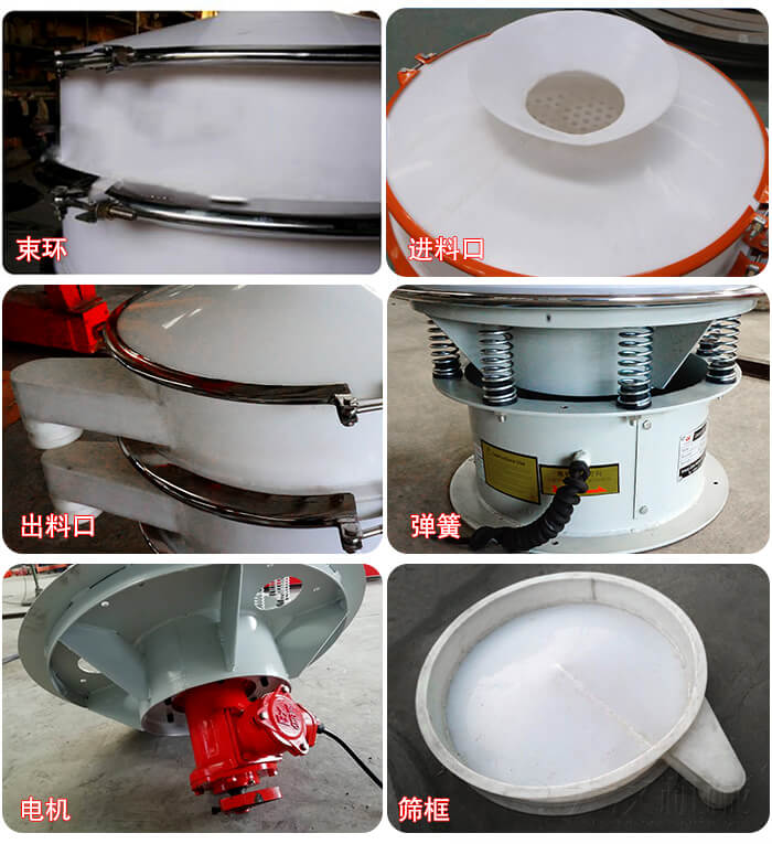 塑料防腐蝕振動(dòng)篩細(xì)節(jié):進(jìn)料口，框體，網(wǎng)架底框，出料口等。