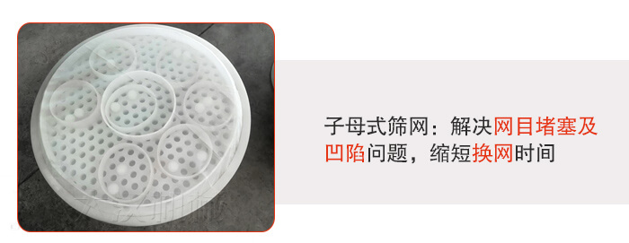 塑料防腐蝕振動(dòng)篩采用子母扣式網(wǎng)架可安裝彈跳球進(jìn)行清網(wǎng)，解決篩網(wǎng)堵塞問(wèn)題。