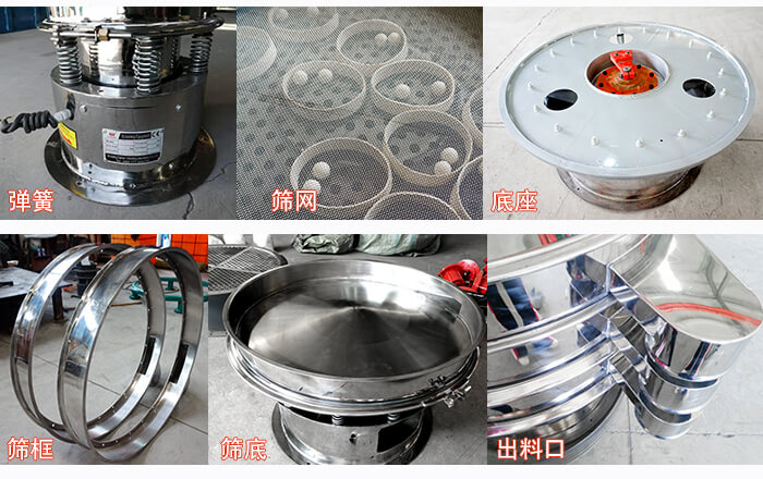細(xì)節(jié)展示：篩框，篩網(wǎng)，振動(dòng)底座，振動(dòng)體，出料口。